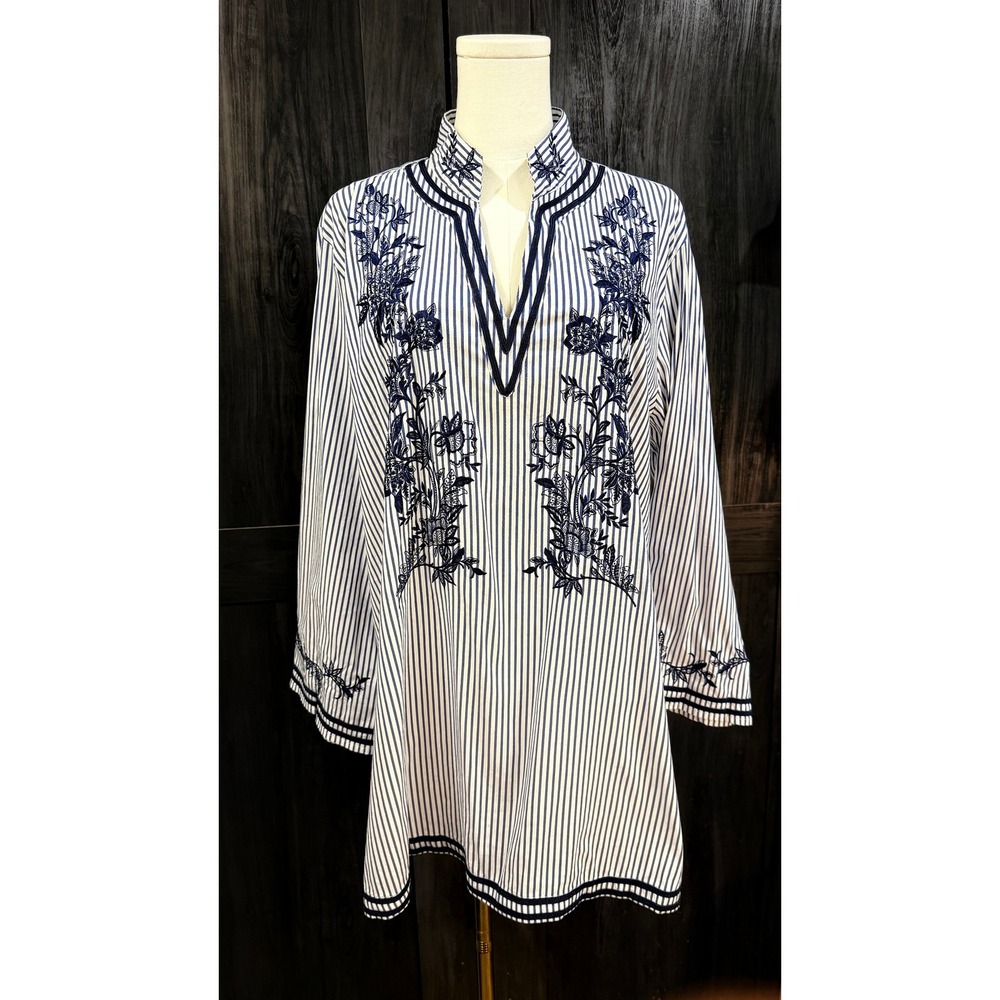 Chicos Tunic Top Size 3 Navy White Stripe Embroidered Boho Lagenlook Womens